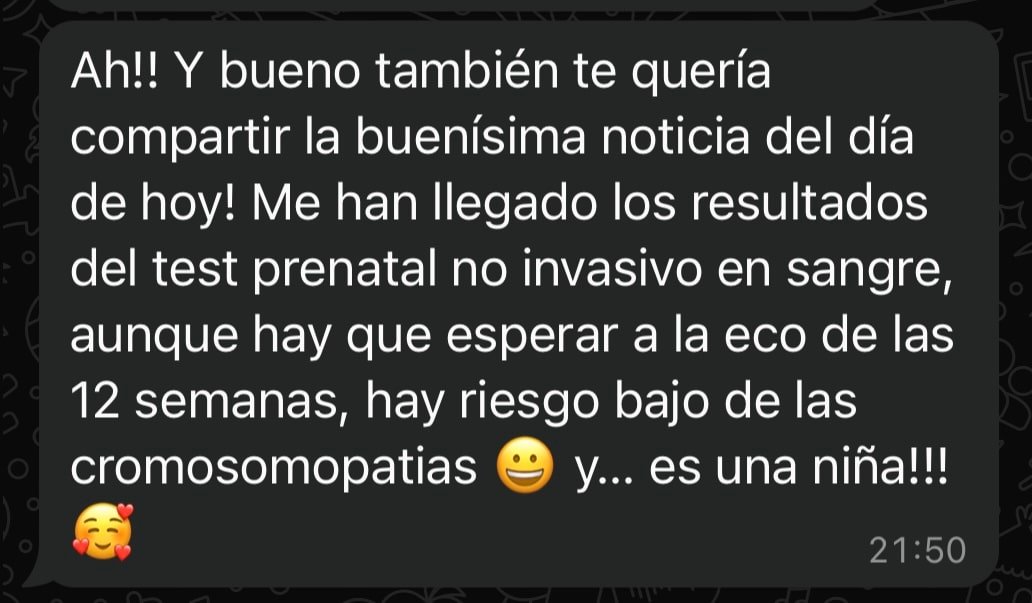 Mensaje de una clienta: test de cromosomopatías negativo y es una niña