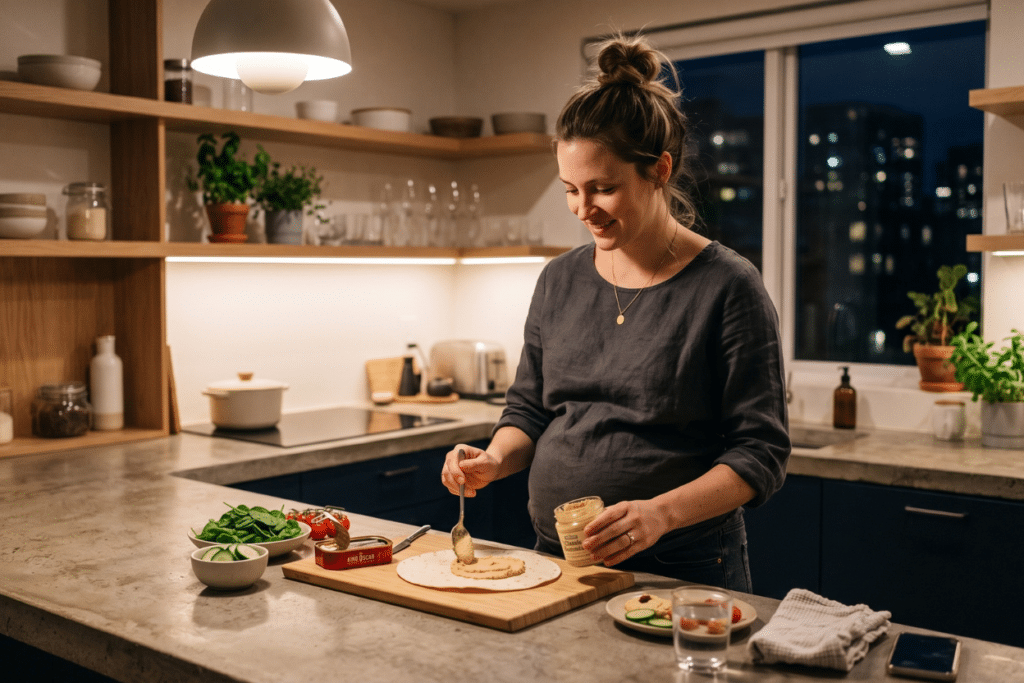 mujer embarazada preparando una cena de menú con poco cocinado