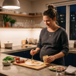 mujer embarazada preparando una cena de menú con poco cocinado