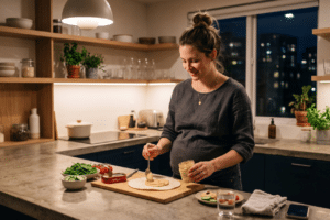 mujer embarazada preparando una cena de menú con poco cocinado