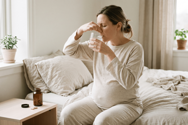 Mujer embarazada aprendiendo cómo tomar el suplemento prenatal para evitar náuseas