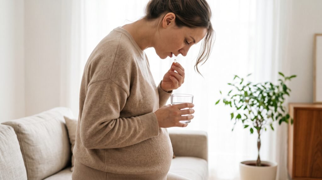 Cómo tomar el suplemento prenatal en cápsula inclinando la cabeza hacia delante para tragarla mejor