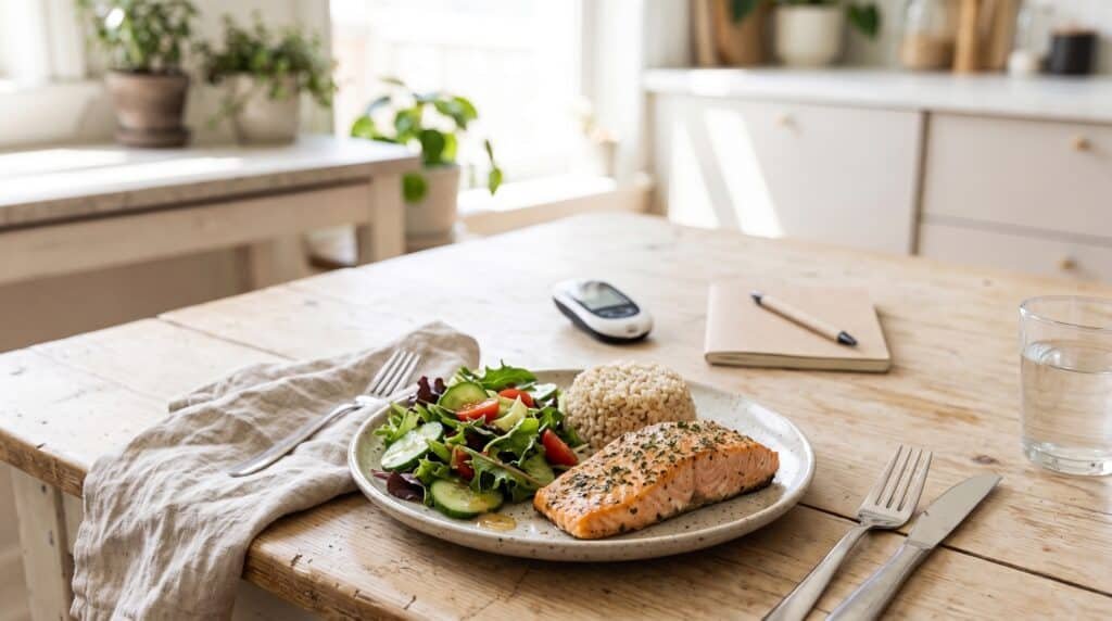 Plato con salmón, arroz integral y ensalada para prevenir la diabetes gestacional en el segundo embarazo