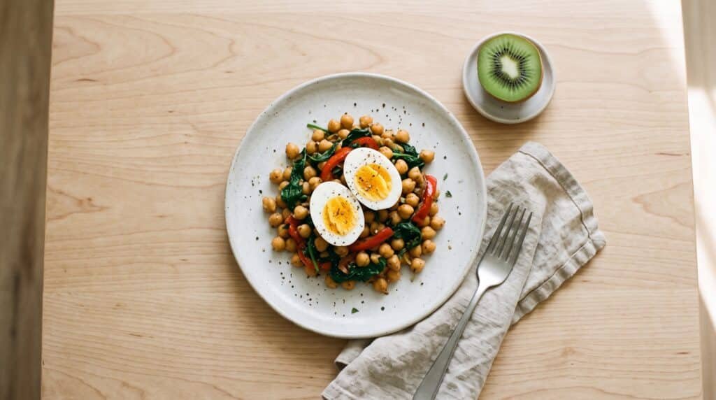 Plato de garbanzos con espinacas y pimiento, rico en hierro y folato para el segundo embarazo