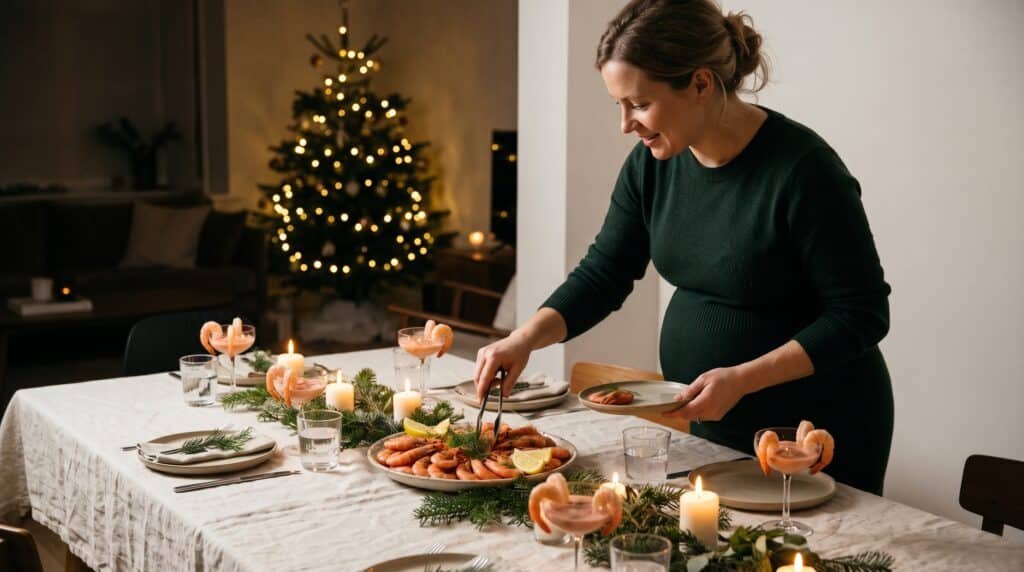 Embarazada sirviéndose cóctel de gambas y langostinos en la cena de Nochebuena