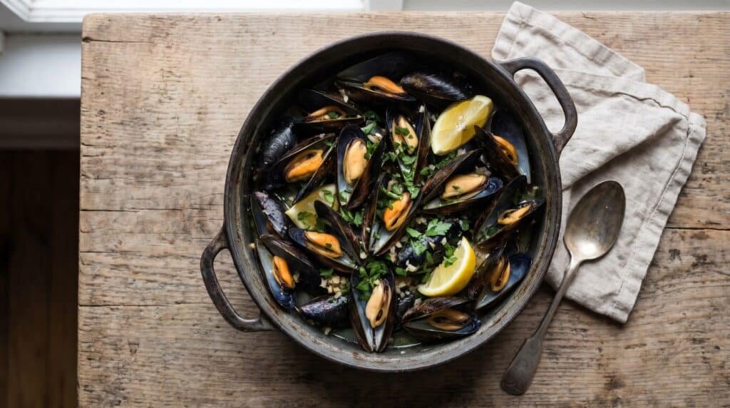 Mejillones al vapor bien abiertos y cocinados, aptos para embarazadas