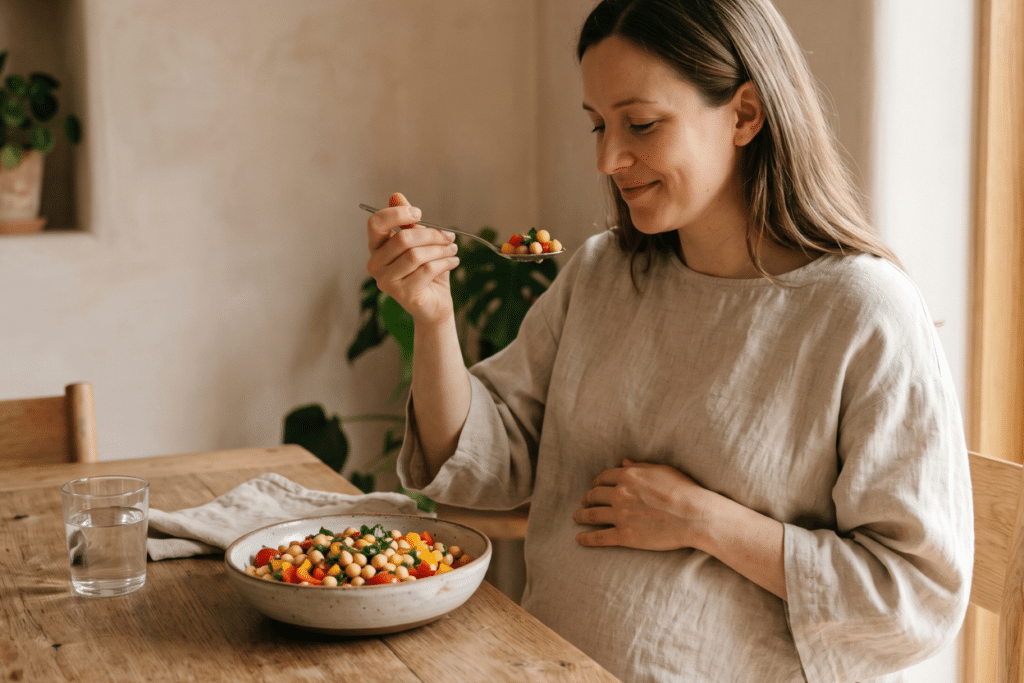 Mujer comiendo un bowl de garbanzos y verduras durante su embarazo vegetariano