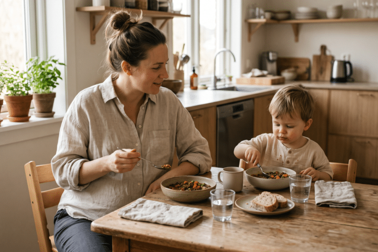 Mujer en su segundo embarazo comiendo lentejas con su hijo pequeño en la mesa de la cocina